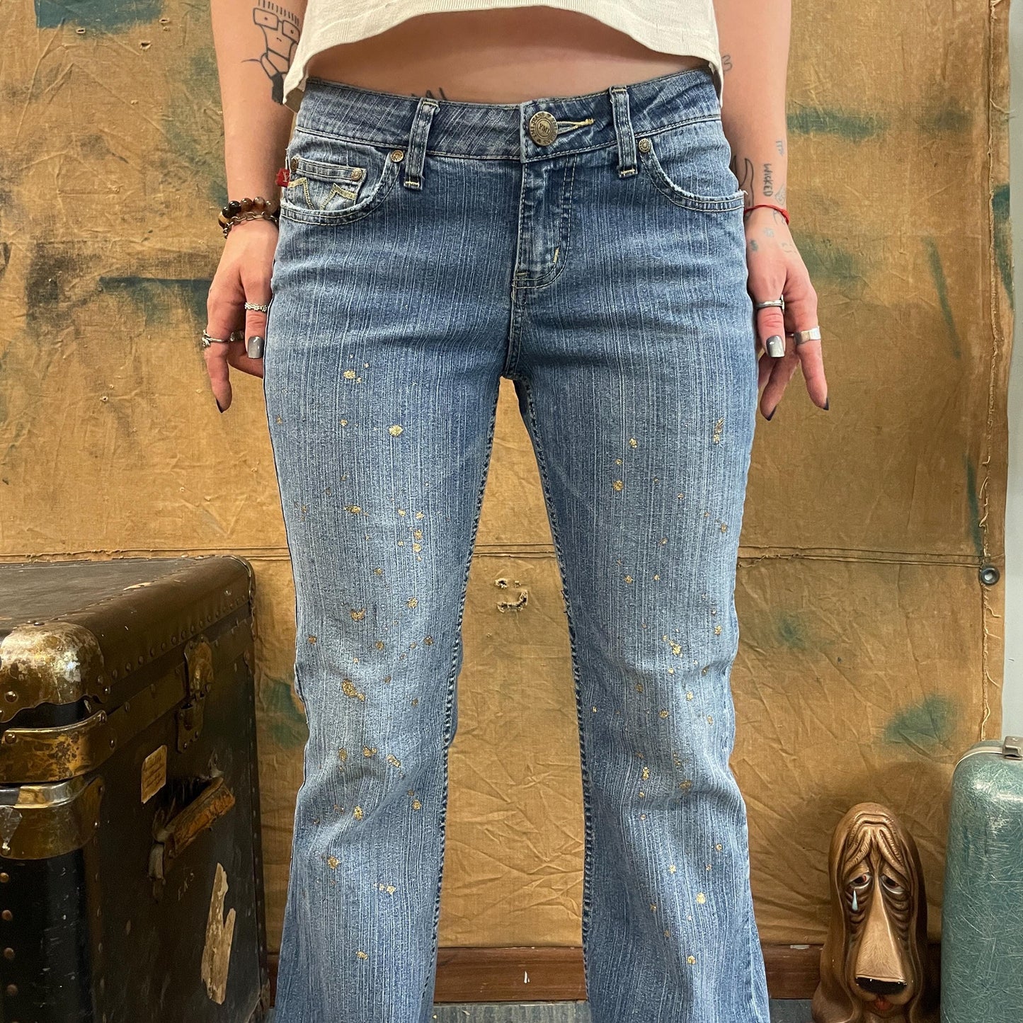 vtg Y2K GOLD GLITTER JEANS // vintage ymi flare leg ultra low rise bell bottom style brat britney crossroads 2000s retro sparkly bling butt