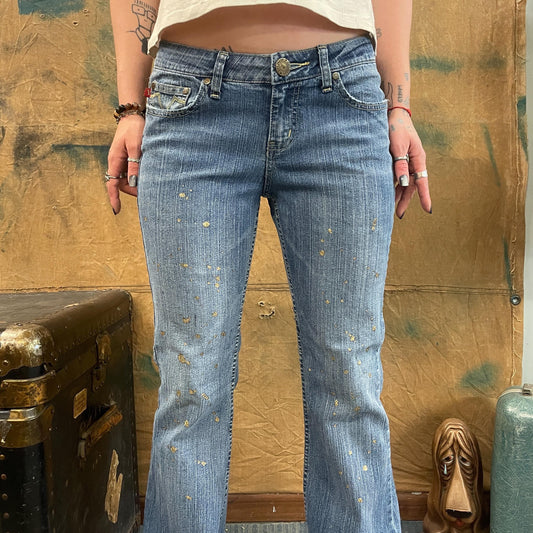 vtg Y2K GOLD GLITTER JEANS // vintage ymi flare leg ultra low rise bell bottom style brat britney crossroads 2000s retro sparkly bling butt