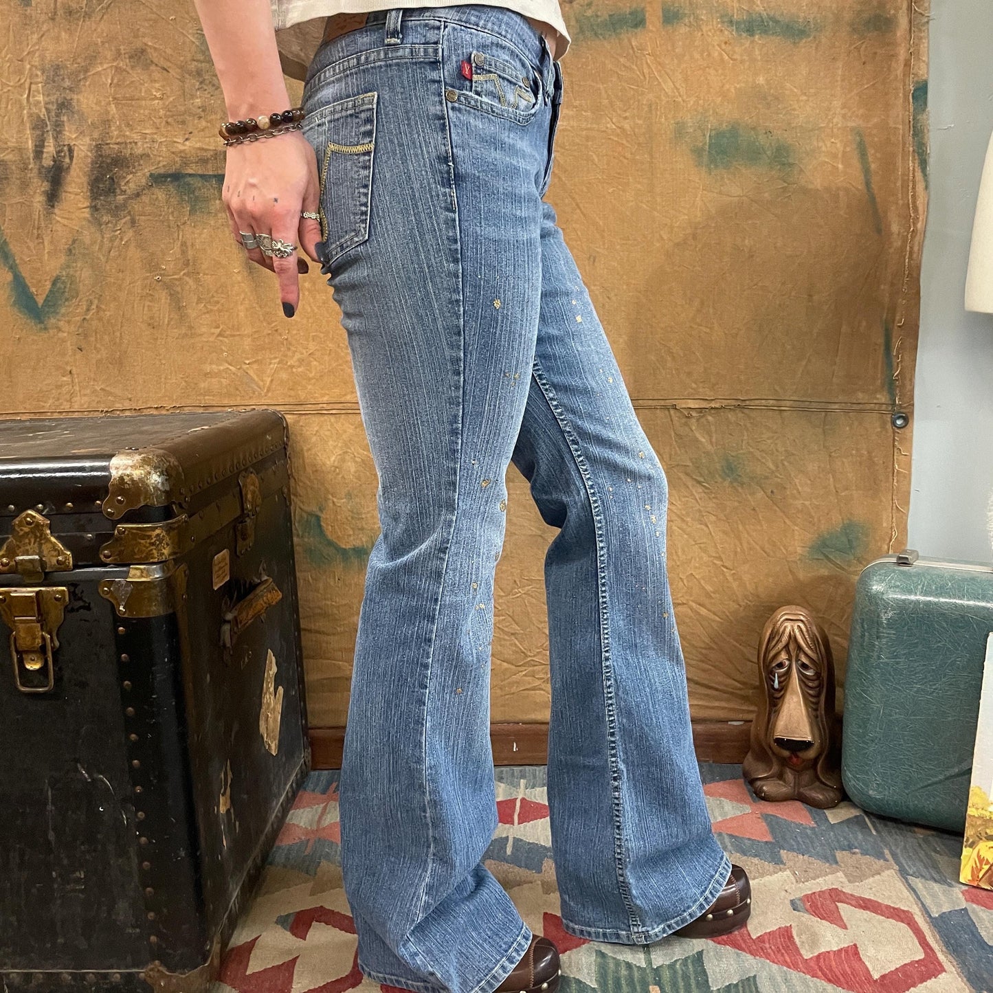 vtg Y2K GOLD GLITTER JEANS // vintage ymi flare leg ultra low rise bell bottom style brat britney crossroads 2000s retro sparkly bling butt