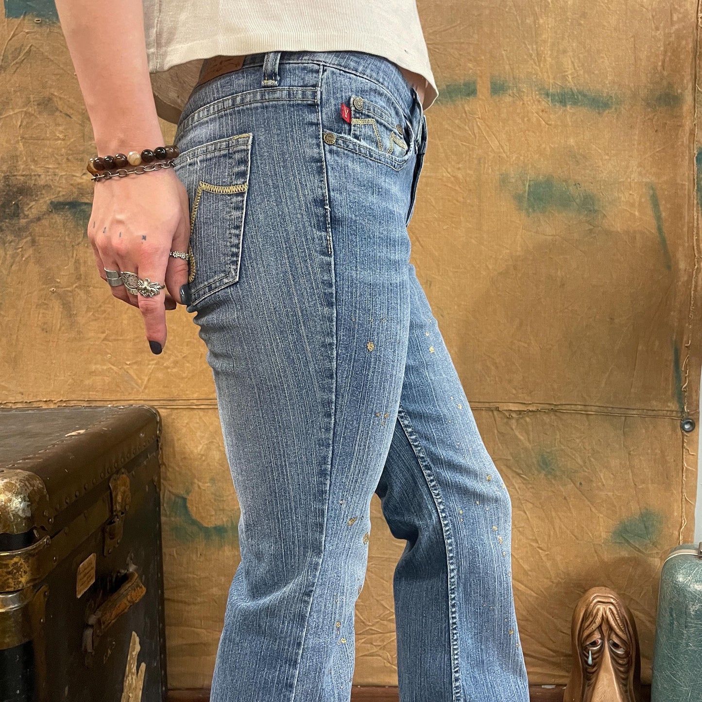 vtg Y2K GOLD GLITTER JEANS // vintage ymi flare leg ultra low rise bell bottom style brat britney crossroads 2000s retro sparkly bling butt