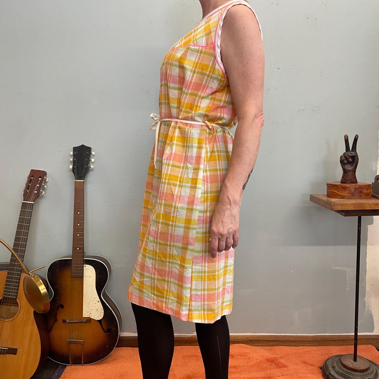 vtg 70s PASTEL BELTED DRESS // madras plaid bright neon curvy neckline belted smock day dress with pockets house dress apron cute cover up