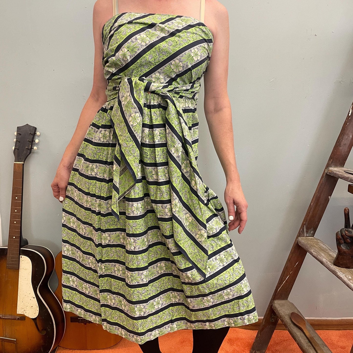 vtg 40s CONVERTIBLE SKIRT DRESS // green blue striped adjustable apron skirt with top fit n flare batik style cotton wrap dress pastel day