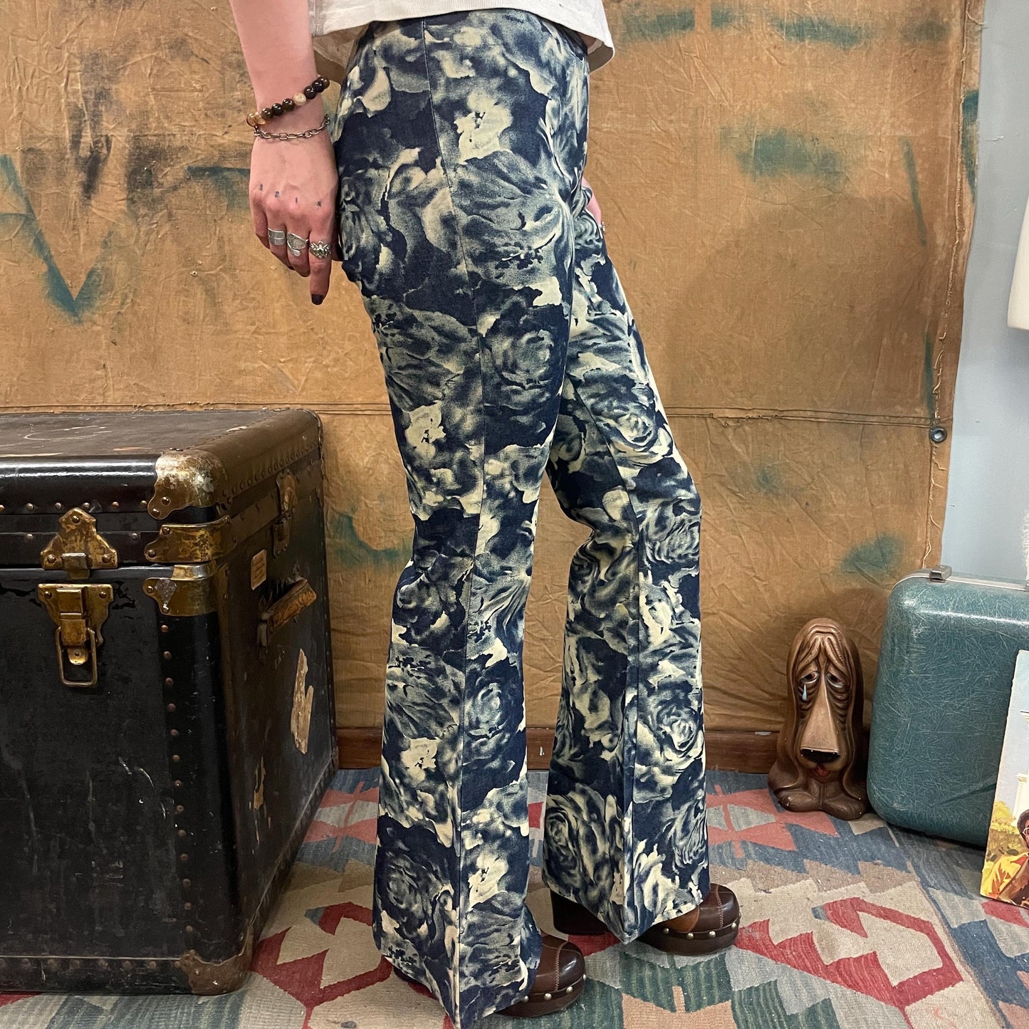 vtg 90s BLACK ROSES BELLBOTTOMS // vintage Y2K does 70s hippie flare leg all over print bare back low rise woodstock rocker retro fashion