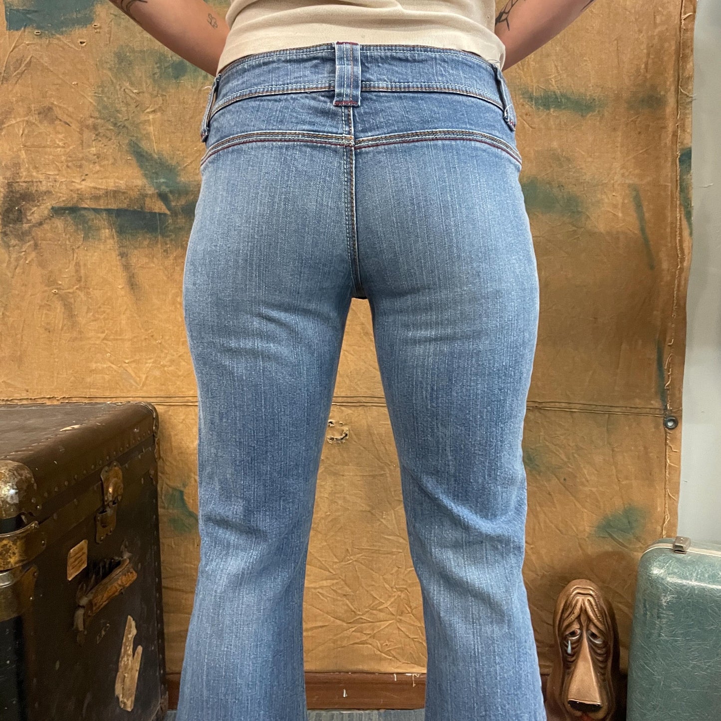 vtg Y2K JOUJOU JEANS // vintage light wash bareback distressed cut worn kick flare 90s retro style fashion casual straight leg mid rise