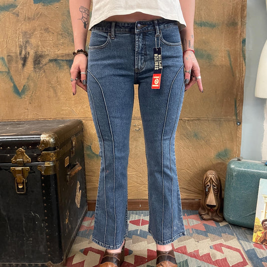 vtg 90s FLARE LEG JEANS // vintage lei hipster stretch mid rise deadstock bareback new with tags Y2K capri kick flare medium wash petite