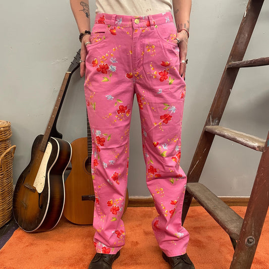 vtg 80s PINK FLORAL JEANS // vintage evan picone watercolor flowers painted pastel twill pants multicolored denim patterned cotton tapered