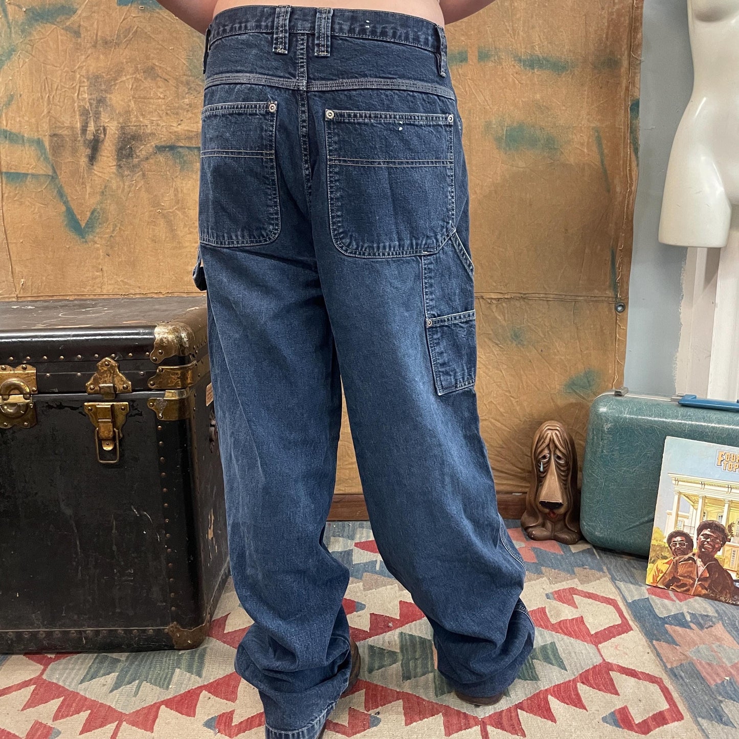 vtg 90s BAGGY BLUE JEANS // vintage y2k indigo dark wash stright leg boot cut carpenter industrial grunge relaxed fit cargo jorts distressed