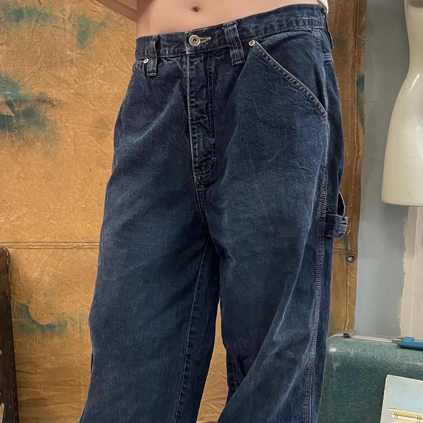 vtg 90s BAGGY BLUE JEANS // vintage y2k indigo dark wash stright leg boot cut carpenter industrial grunge relaxed fit cargo jorts distressed