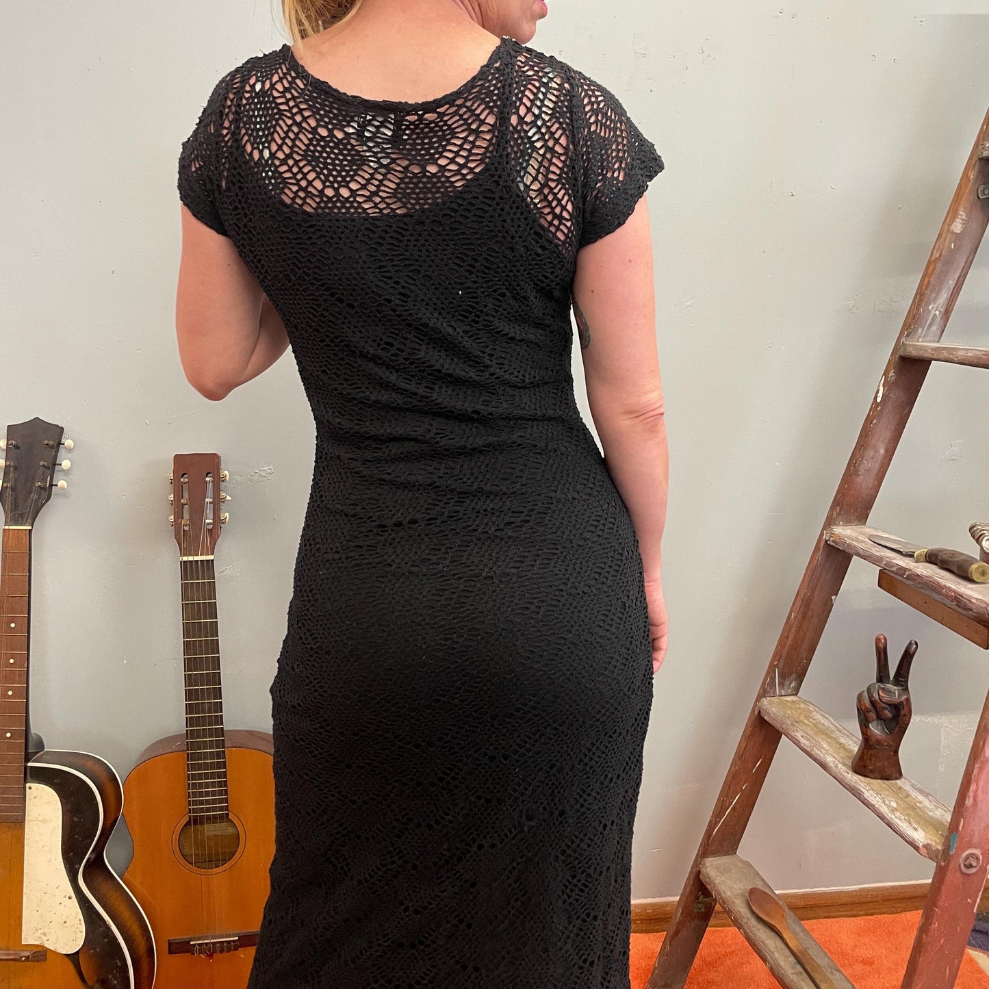 vtg 90s BLACK CROCHET DAISY Dress // sheer mesh white flower lined full length net maxi tank dress soft goth school minimalist lbd y2k style