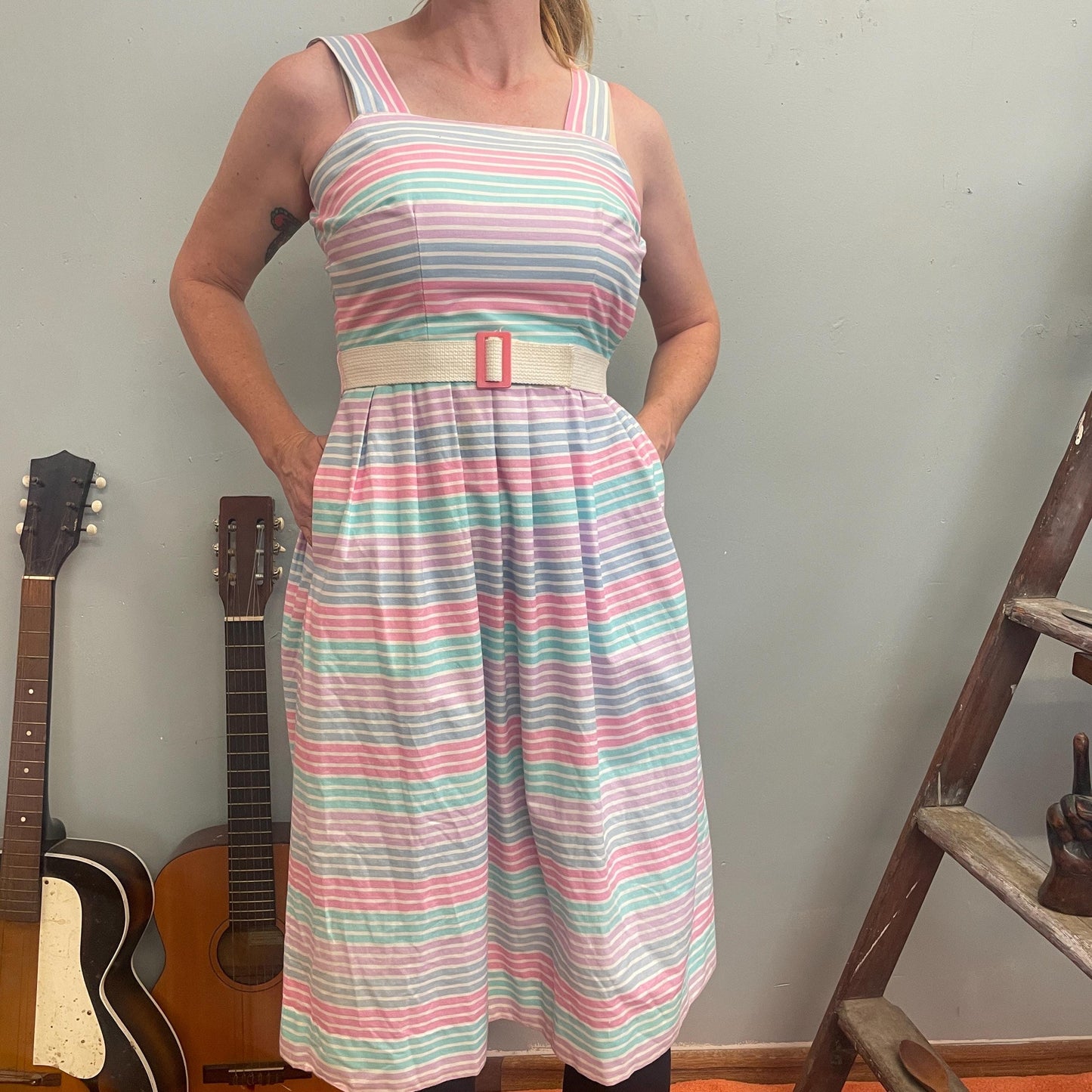 vtg 70s PASTEL STRIPED BELTED Dress // pockets cute preppy retro day dress fit n flare midi rainbow fairy tank dress valley girl 80s school