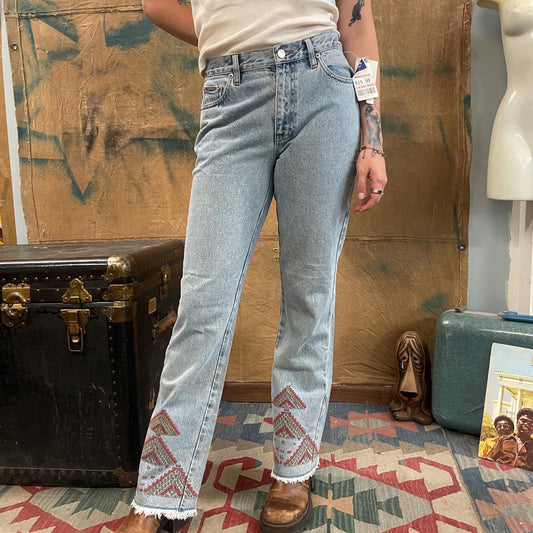 vtg y2k CALVIN KLEIN EMBROIDERED jeans // vintage new with tags geometric pattern high waisted light wash straight leg boot cut 90s friends
