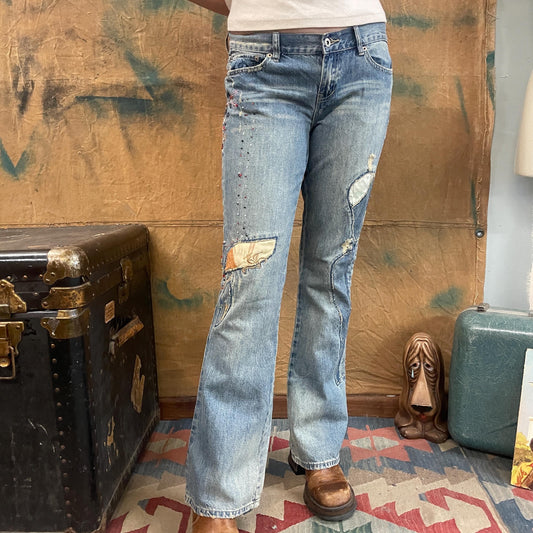vtg 90s BEADED LAZER JEANS // vintage low rise distressed light wash denim flare leg cut up embroidered hippie grunge punk bell bottom jeans
