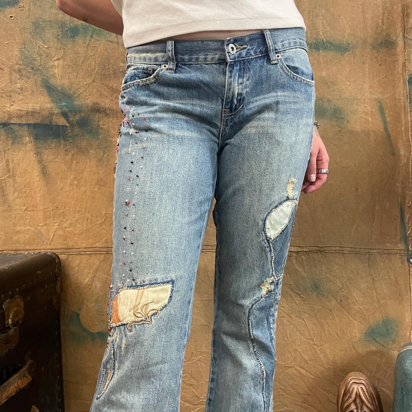 vtg 90s BEADED LAZER JEANS // vintage low rise distressed light wash denim flare leg cut up embroidered hippie grunge punk bell bottom jeans