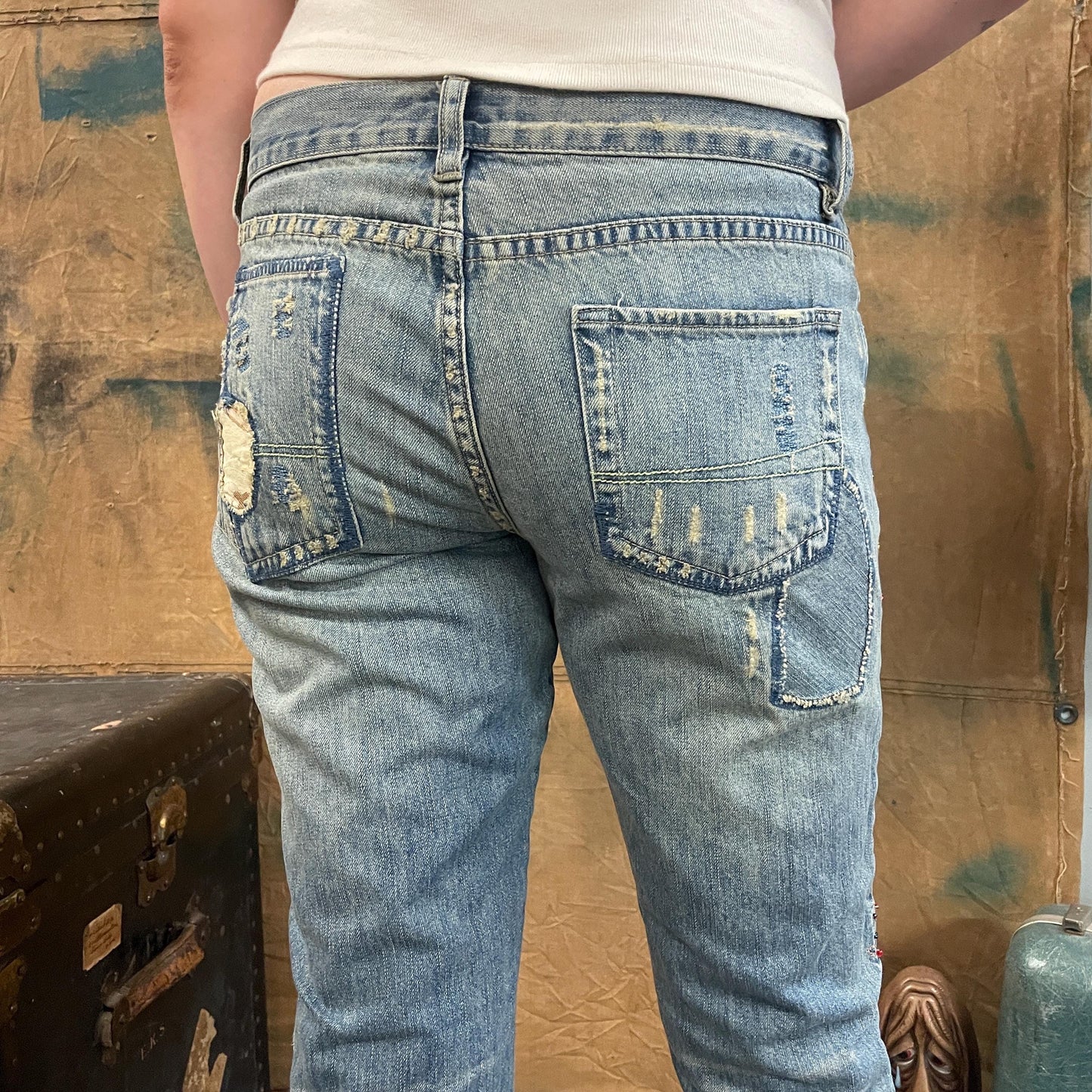 vtg 90s BEADED LAZER JEANS // vintage low rise distressed light wash denim flare leg cut up embroidered hippie grunge punk bell bottom jeans