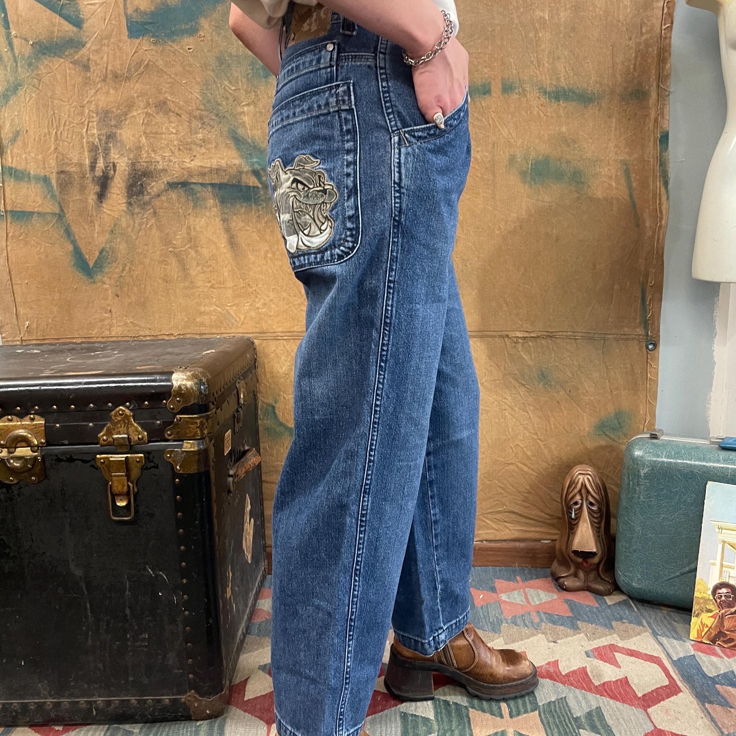 y2k 90s BULLDOG JNCO JEANS // vintage wide leg embroidered dog medium wash bootcut straight leg grunge hip hop double pocket hot topic vtg