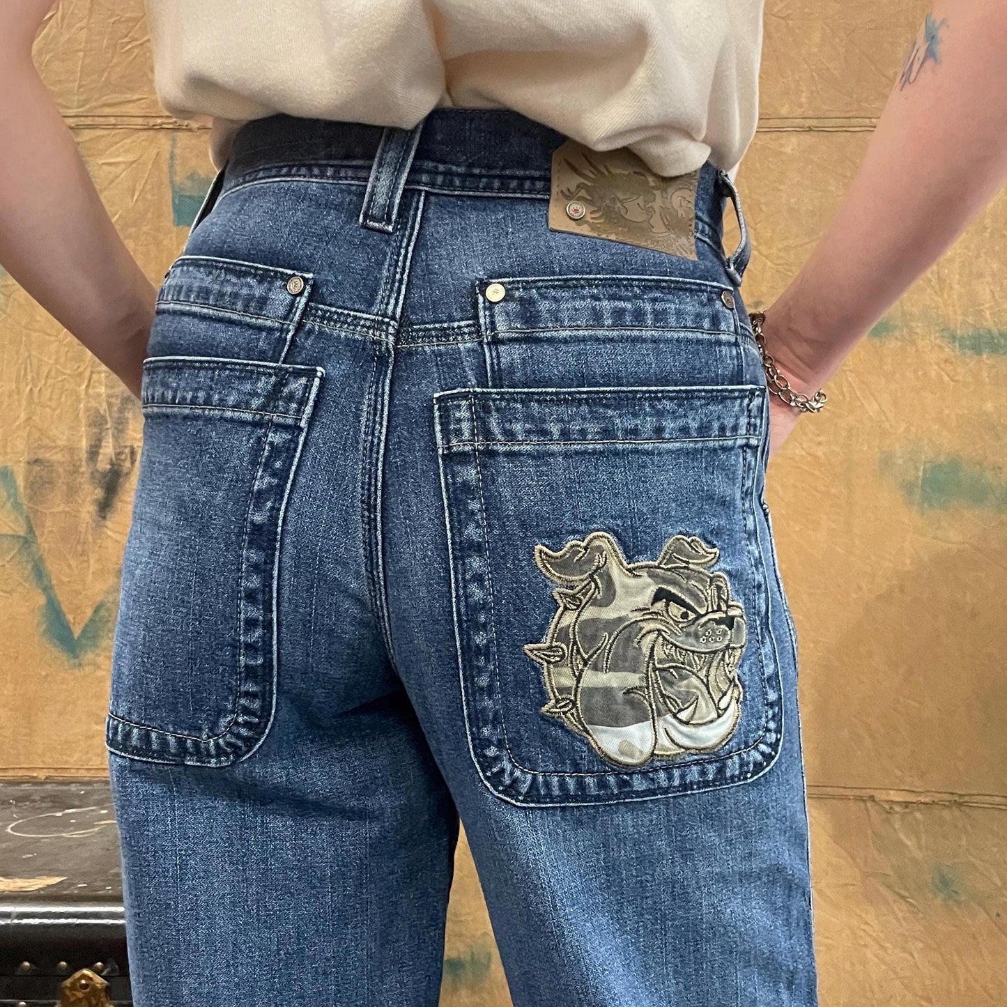 y2k 90s BULLDOG JNCO JEANS // vintage wide leg embroidered dog medium wash bootcut straight leg grunge hip hop double pocket hot topic vtg