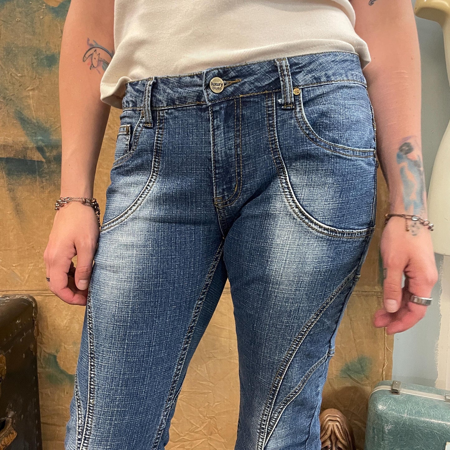 vtg y2k LUXURY BLUES JEANS // vintage 90s bleached distressed mid rise zipper pocket flare leg stitched grunge delias brat 2000s retro style