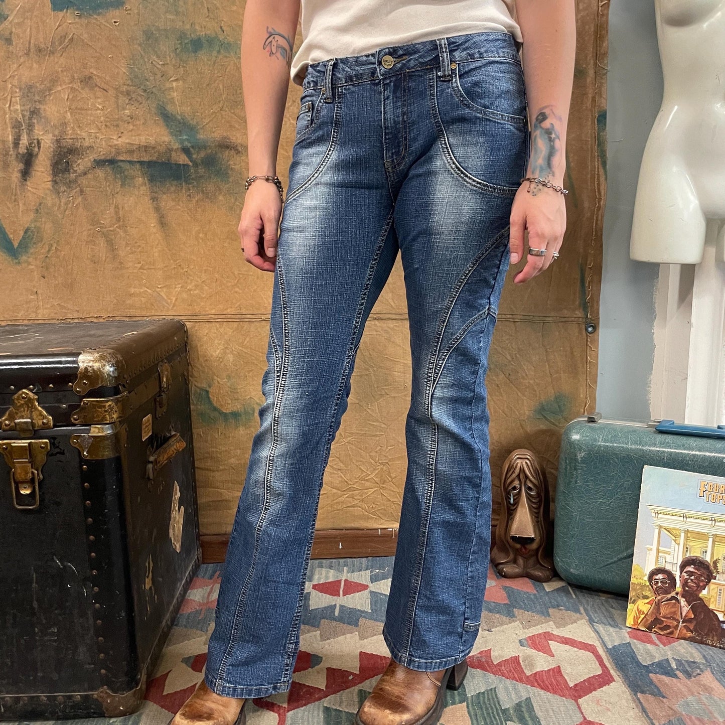 vtg y2k LUXURY BLUES JEANS // vintage 90s bleached distressed mid rise zipper pocket flare leg stitched grunge delias brat 2000s retro style