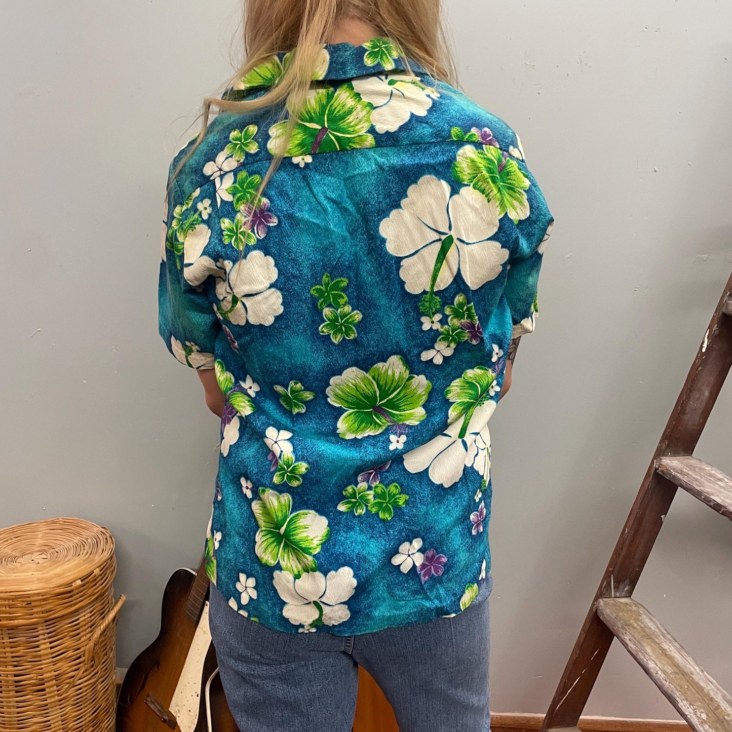 vtg 70s FLORAL HAWAIIAN SHIRT // vintage pomare barkcloth neon dayglow tiki party blouse wedding shirt psychedelic flower power retro top