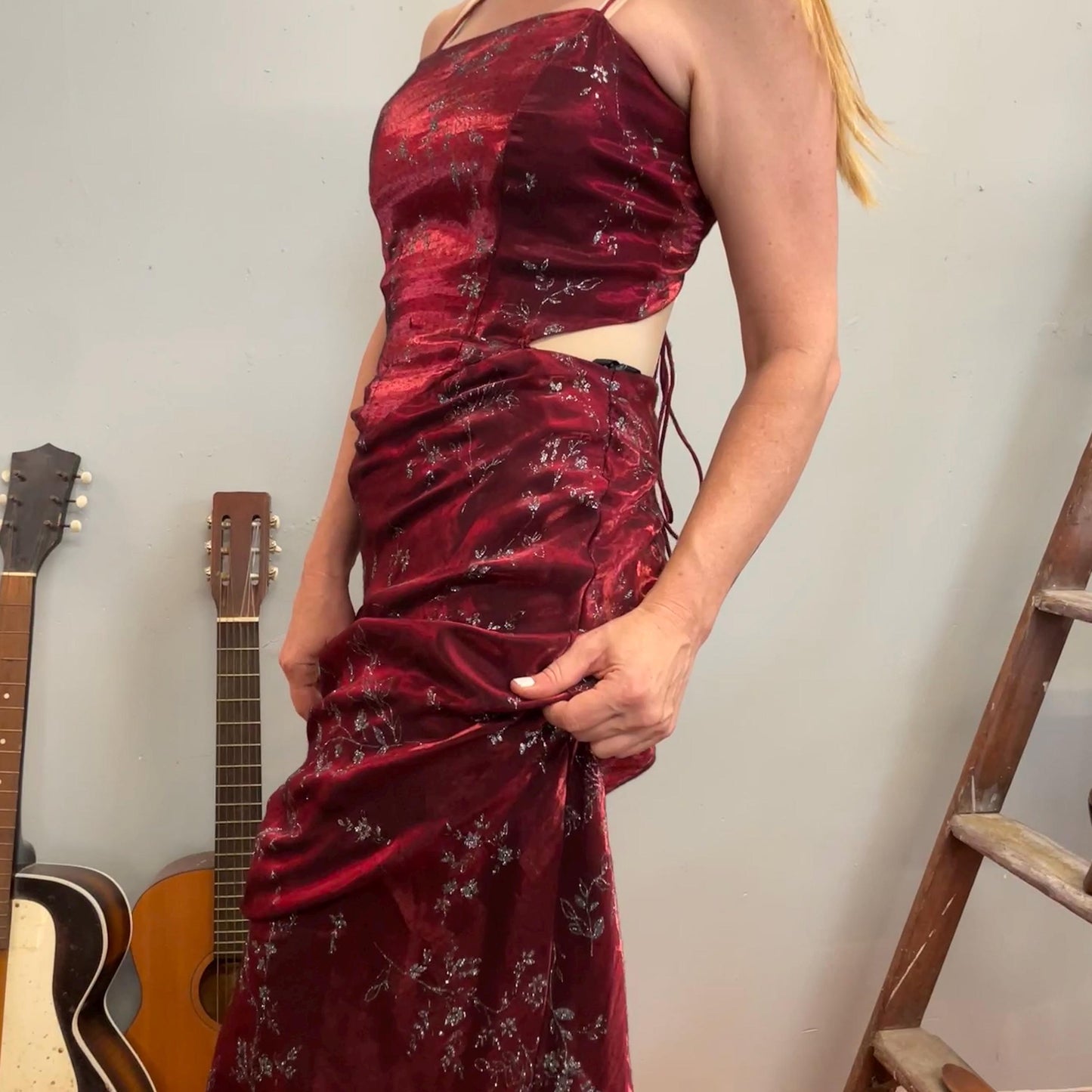 vtg Y2K CUTOUT FORMAL GOWN // burgundy brocade silver tree sparkle trim full length evening gown 90s party dress spaghetti strap slinky tank