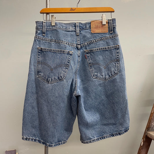 vtg 90s 560 LEVIS DENIM SHORTS 32 // vintage baggy baggies skater long shants jorts light wash classic basic jean y2k grunge goth unisex