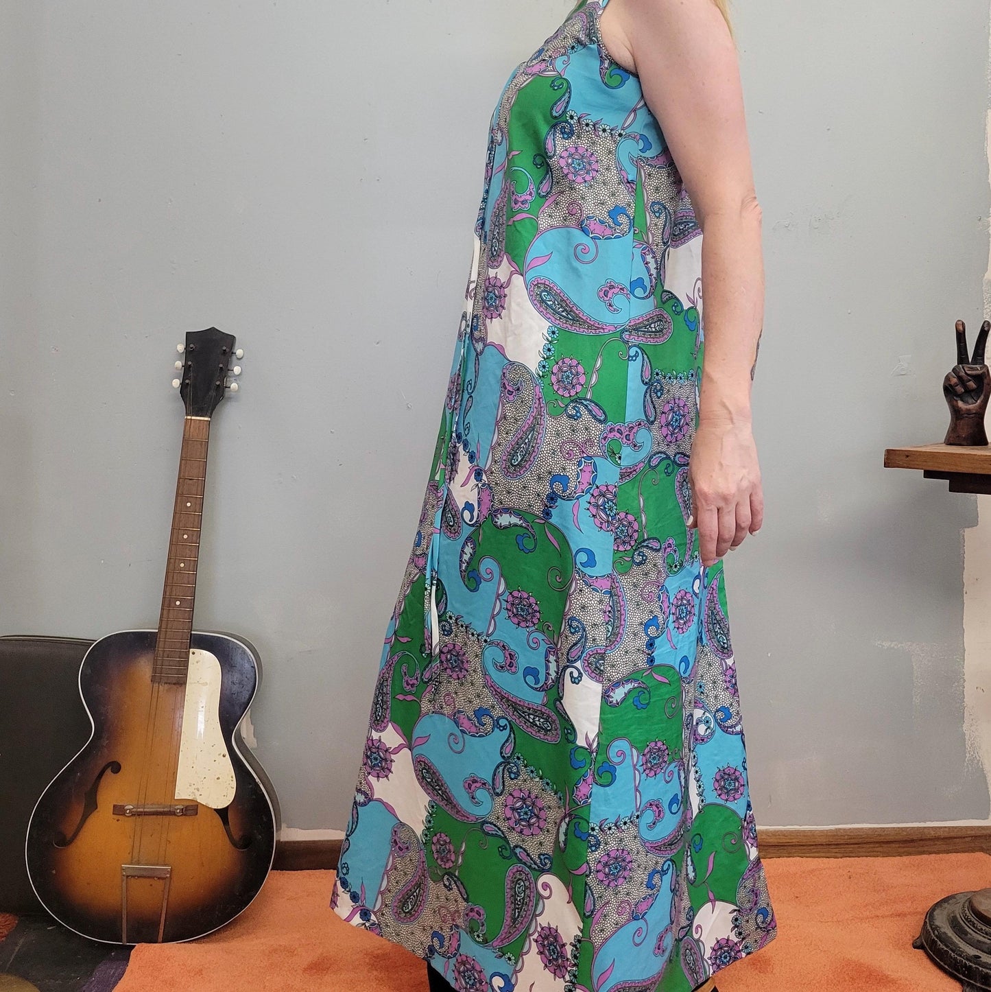 vtg 70s PSYCHEDELIC TANK DRESS // v neck kaleidoscope tent dress caftan muu muu flowy ethereal floral lightweight breezy layering maxi party