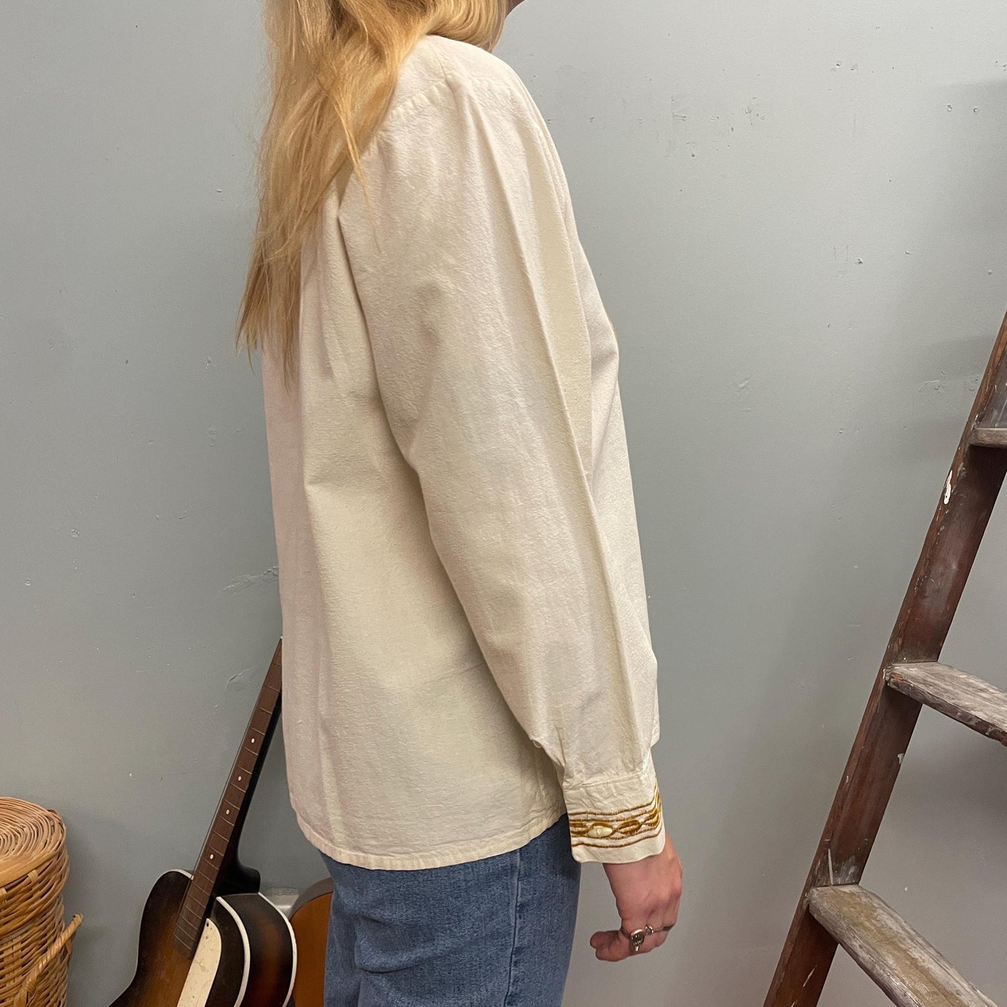 vtg 70s HEAVILY EMBROIDERED TOP // vintage toggle button white & gold hippie guru bohemian style rockstar folk art beatles apple shop linen