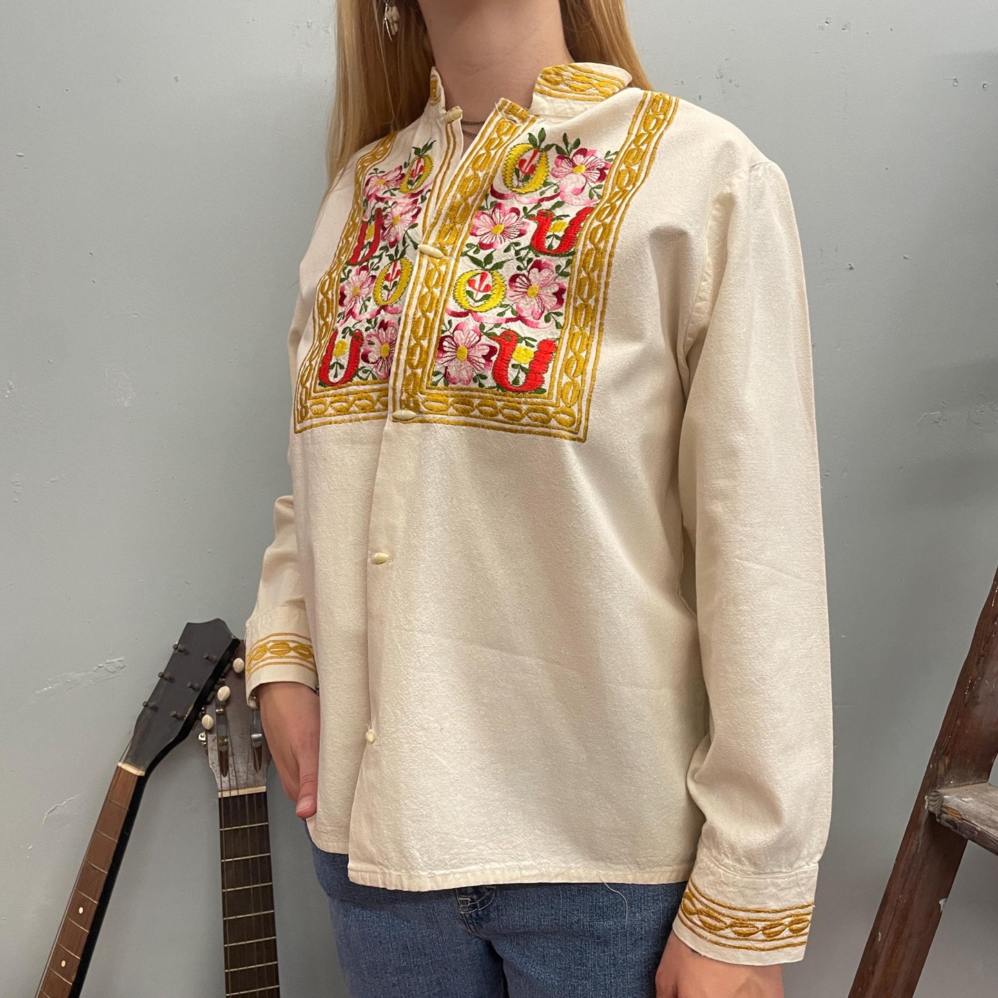 vtg 70s HEAVILY EMBROIDERED TOP // vintage toggle button white & gold hippie guru bohemian style rockstar folk art beatles apple shop linen