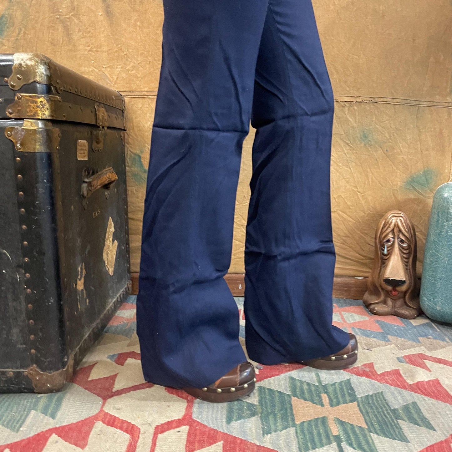 vtg 70s DEADSTOCK RAYON FLARE Pants // vintage new with tags high rise navy blue bare back boot cut trousers retro mod hipster bell bottoms