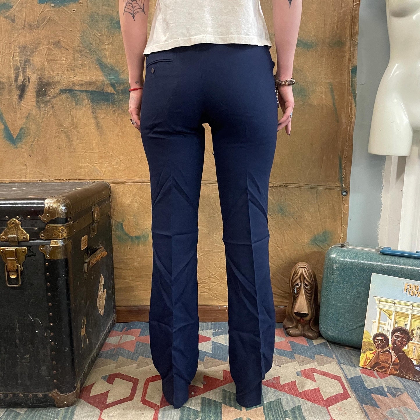 vtg 70s DEADSTOCK RAYON FLARE Pants // vintage new with tags high rise navy blue bare back boot cut trousers retro mod hipster bell bottoms