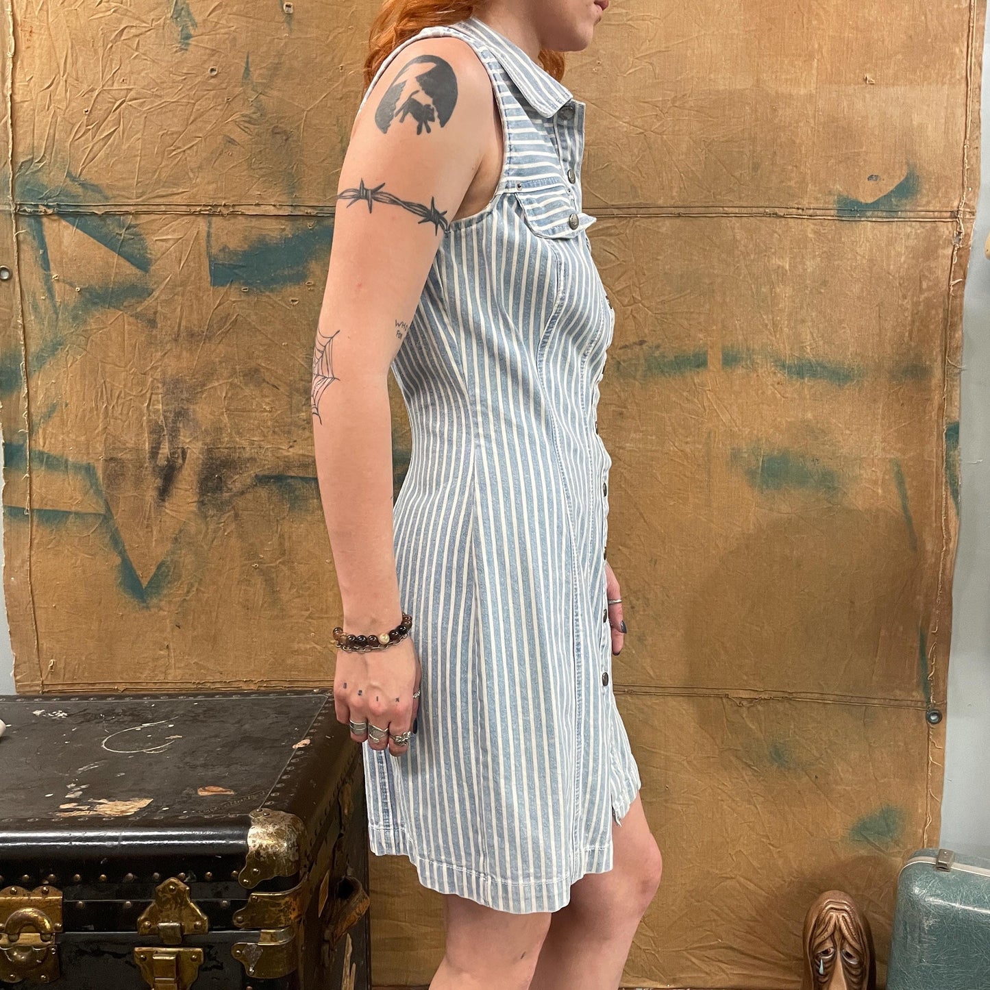 vtg 90s PINSTRIPED BLUE DENIM Dress // vintage button up jean dress pointy collar sleeveless mini dress autumn fall school casual minimalist