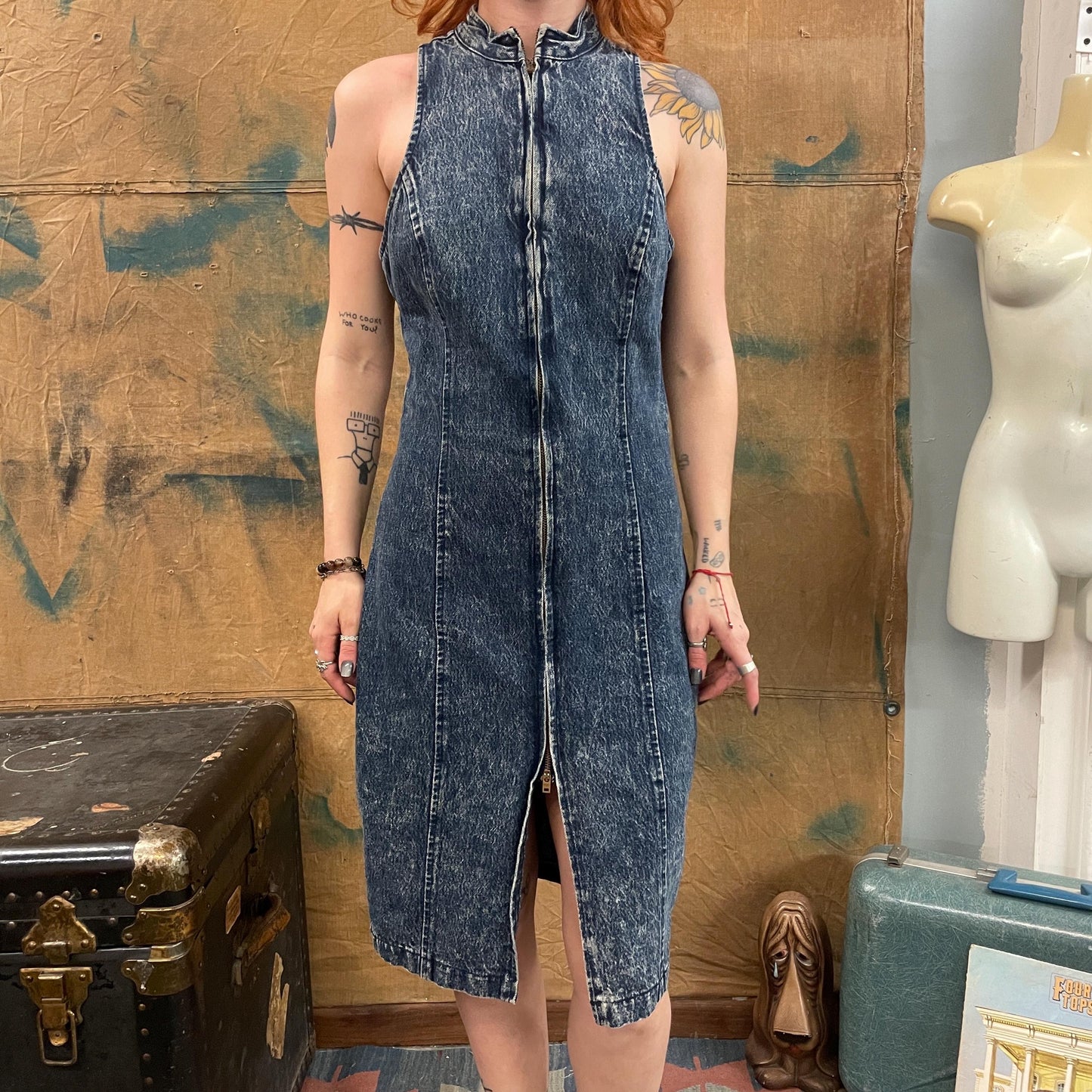vtg 90s DARK ACID WASH Denim Dress // vintage 80s stone washed jean zip up sexy wiggle dress sleeveless baddie mini skirt rocker punk hot