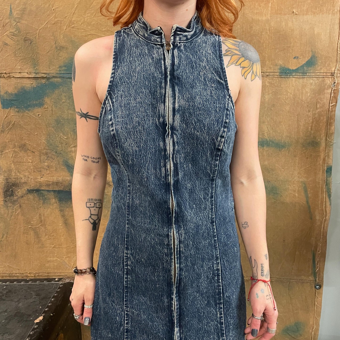 vtg 90s DARK ACID WASH Denim Dress // vintage 80s stone washed jean zip up sexy wiggle dress sleeveless baddie mini skirt rocker punk hot