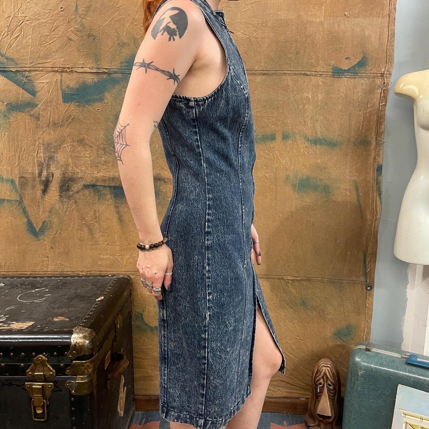 vtg 90s DARK ACID WASH Denim Dress // vintage 80s stone washed jean zip up sexy wiggle dress sleeveless baddie mini skirt rocker punk hot