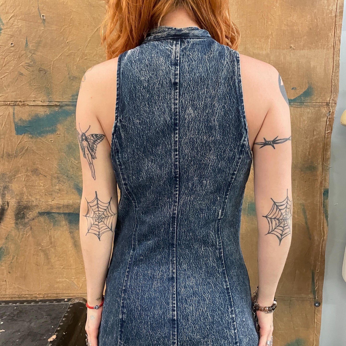 vtg 90s DARK ACID WASH Denim Dress // vintage 80s stone washed jean zip up sexy wiggle dress sleeveless baddie mini skirt rocker punk hot