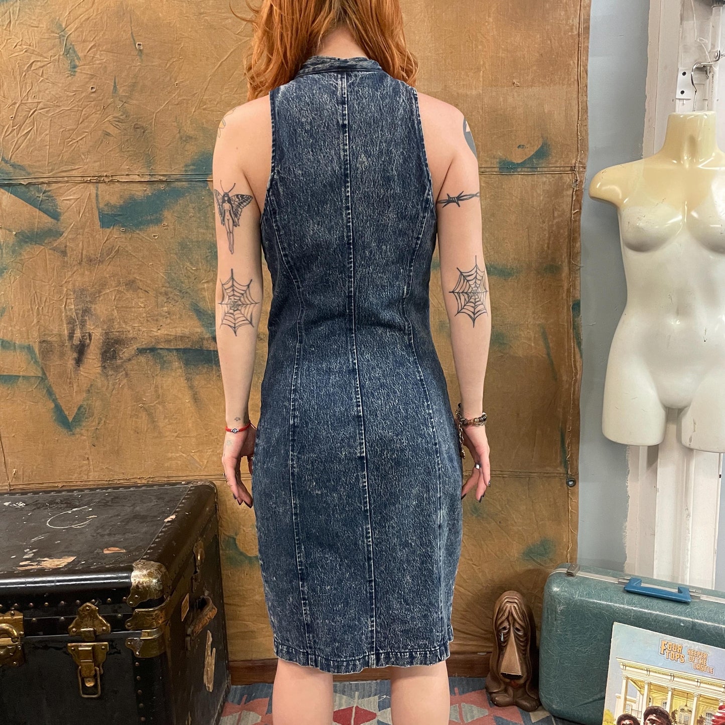 vtg 90s DARK ACID WASH Denim Dress // vintage 80s stone washed jean zip up sexy wiggle dress sleeveless baddie mini skirt rocker punk hot