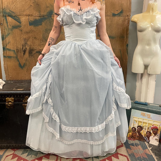 vtg DEADSTOCK GUNNE SAX Dress // new with tags size 7 sleeveless sweetheart pastel blue ball gown swiss dot frilly ruffle formal prom fancy