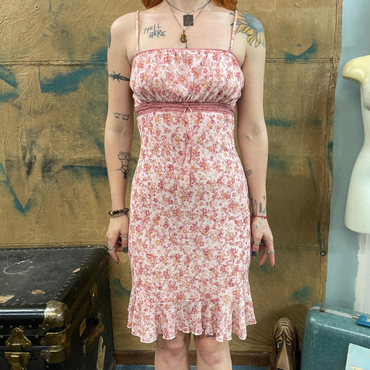 vtg Y2K FLORAL TANK DRESS // vintage 90s baby doll pin flowers dainty mini dress fairy core pastel romantic empire waist clueless sexy sheer