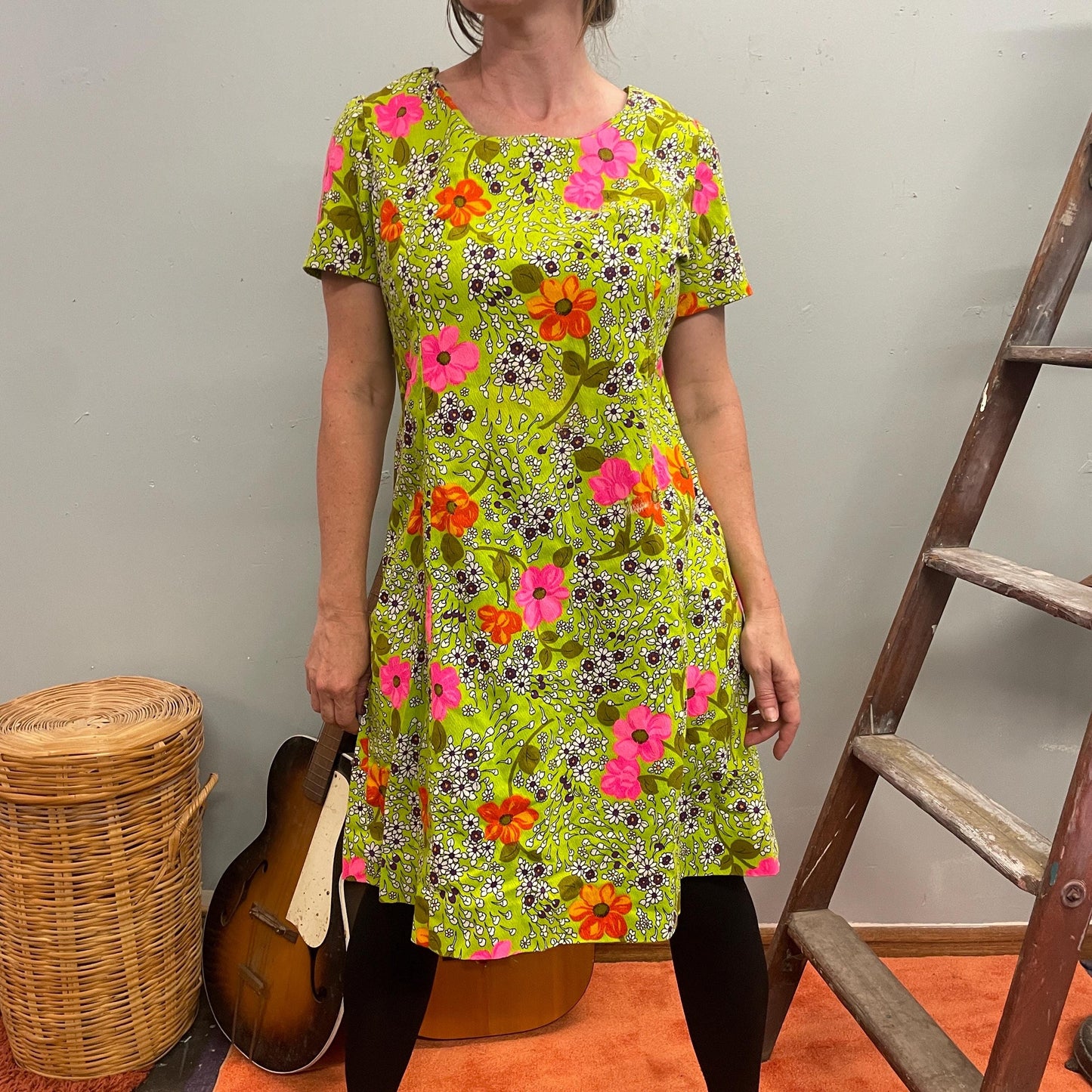 vtg 1960s DAY GLOW FLORAL Dress // vintage neon green & pink hawaiian tent style mini dress bright funky flower power mod retro kitshy twee