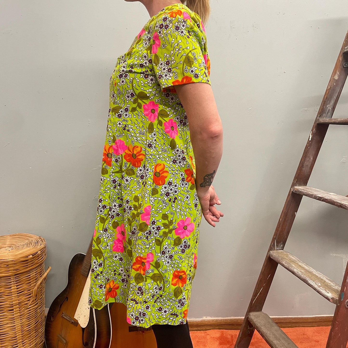 vtg 1960s DAY GLOW FLORAL Dress // vintage neon green & pink hawaiian tent style mini dress bright funky flower power mod retro kitshy twee