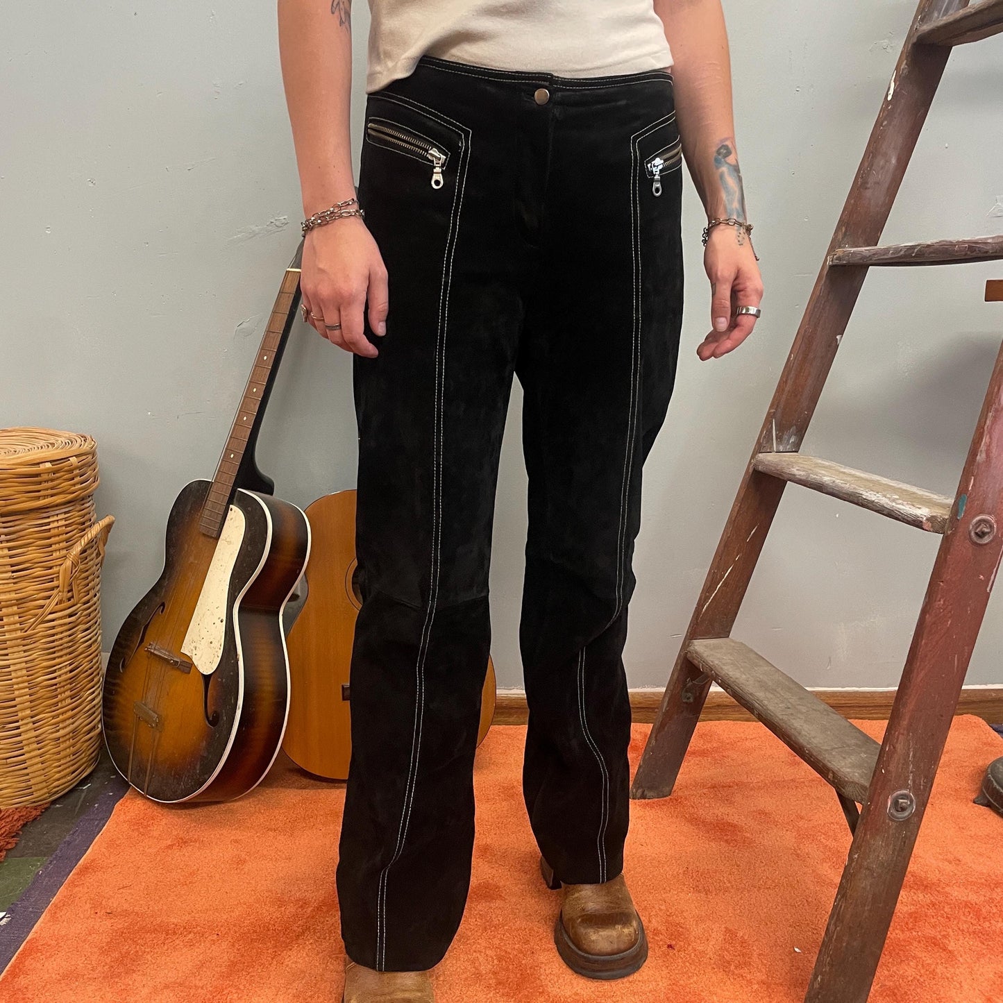 vtg 90s LEATHER ZIPPER PANTS // vintage y2k suede black white contrast stitch bareback biker rocker straight leg bootcut western hippie