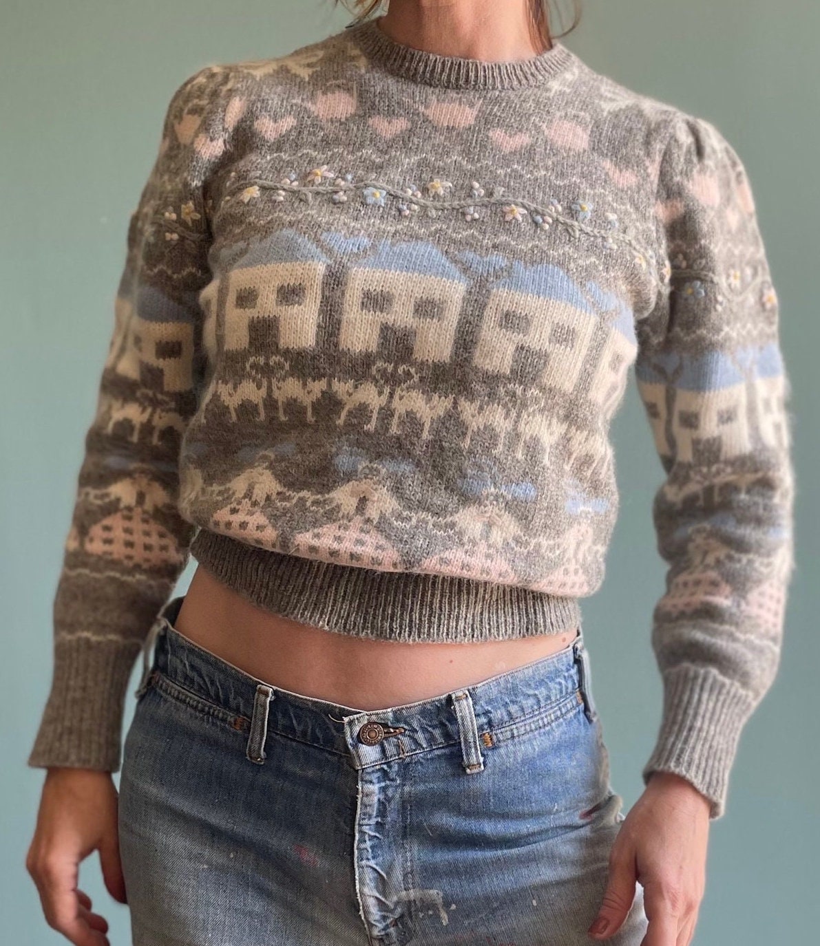 Vintage 80s HOUSE PATTERNED SWEATER // vintage angora fuzzy all over print hand knit Susan Bristol cottage pastel fairy teacher school fall