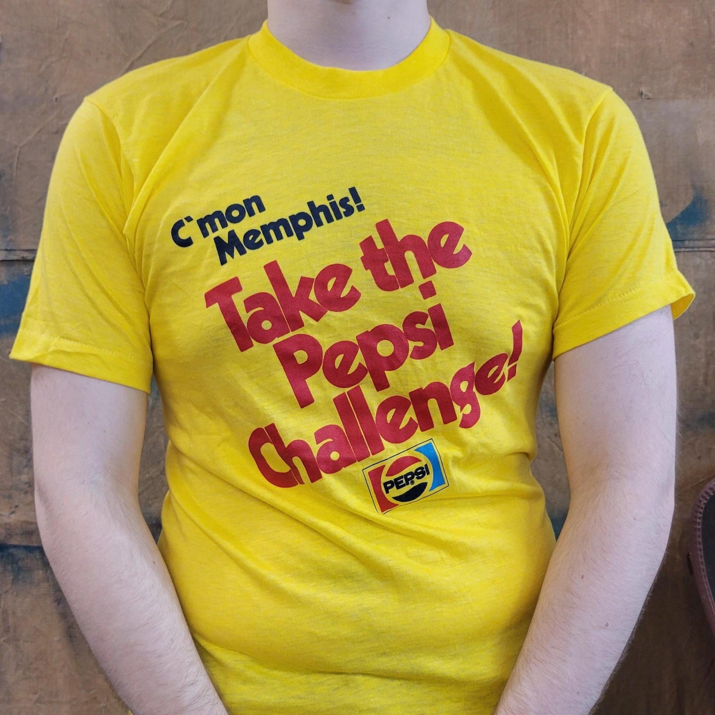 vtg 80s PEPSI CHALLENGE TSHIRT // vintage memphis coke track promo ad yellow screen stars thin event tee shirt running mtv tv era retro