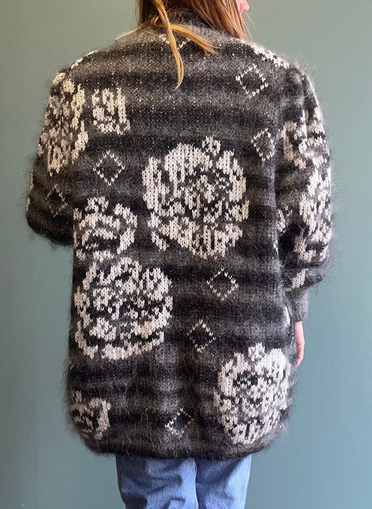 vtg 90s STRIPED MOHAIR JACKET // vintage roses pattern floral print zip up abstract autumn coat 80s LeRoy brand oversized comfy fuzzy knit