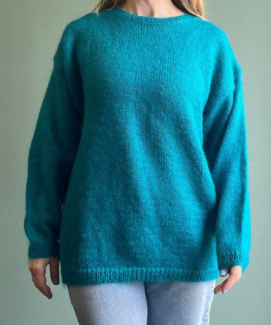 vtg 80s TEAL MOHAIR SWEATER // A.K.F. new york bright blue fuzzy knit long slouchy cozy casual solid long sleeve flowy autumn fashion retro