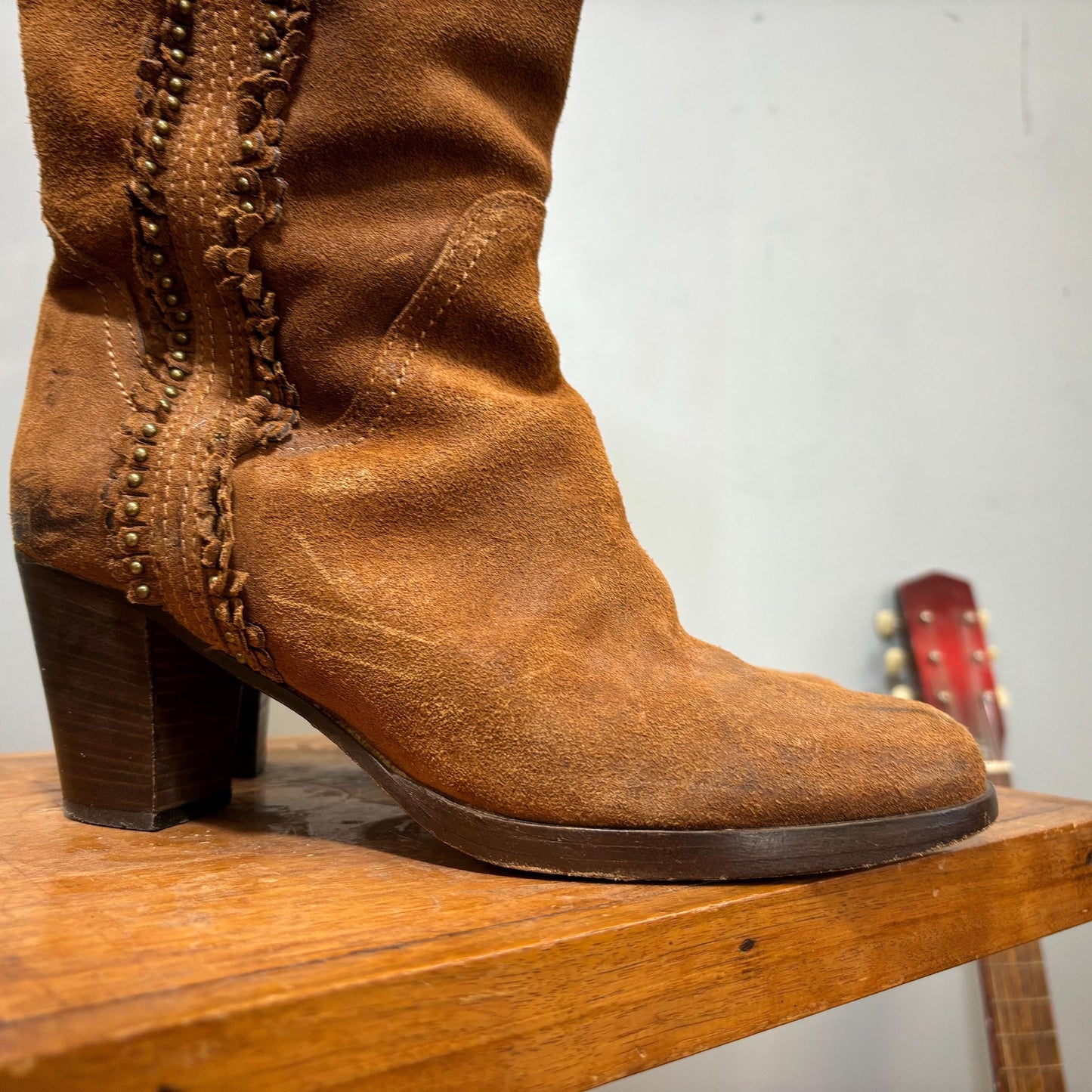 vtg 90s FRYE SUEDE BOOTS // vintage embellished beaded fringe knee high tall brown autumn boots