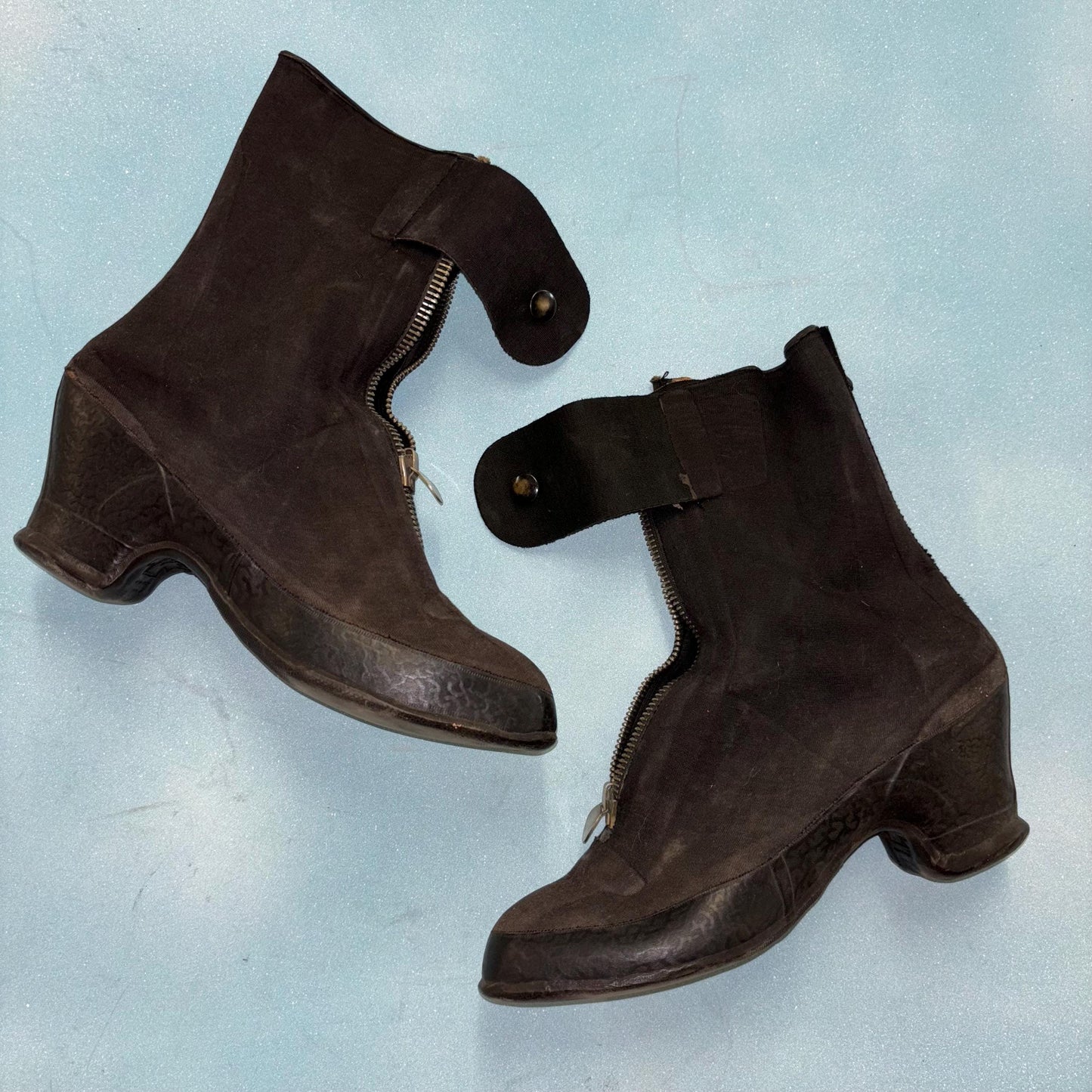 vtg 1900s ANTIQUE BOOTS // vintage cotton jersey rubber rain boots victorian style heeled rain boots steampunk beacon falls water resistant