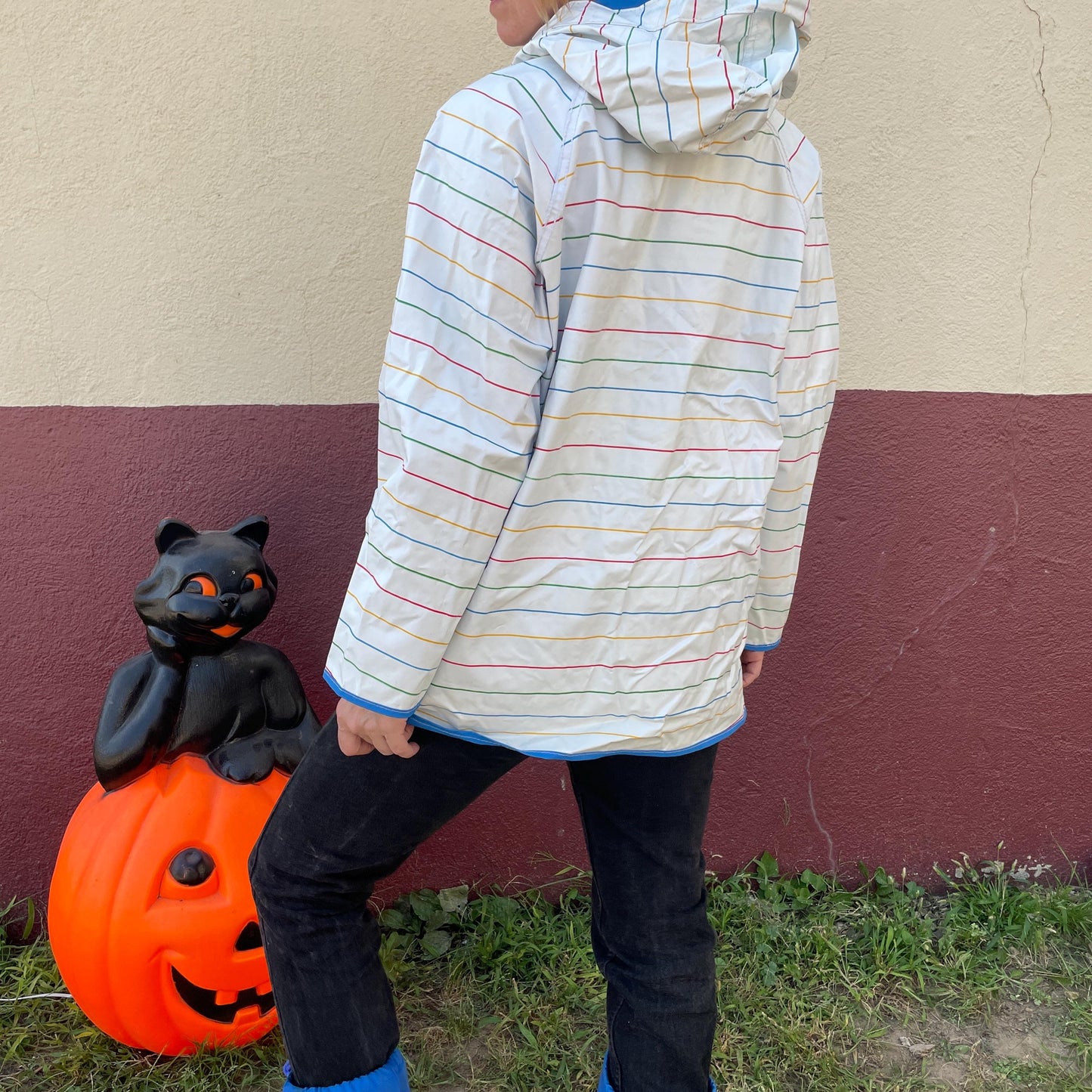 vtg RAINBOW STRIPED JACKET // vintage reversible striped hooded autumn stranger things 90s grunge pvc wet look shiny lightweight parka