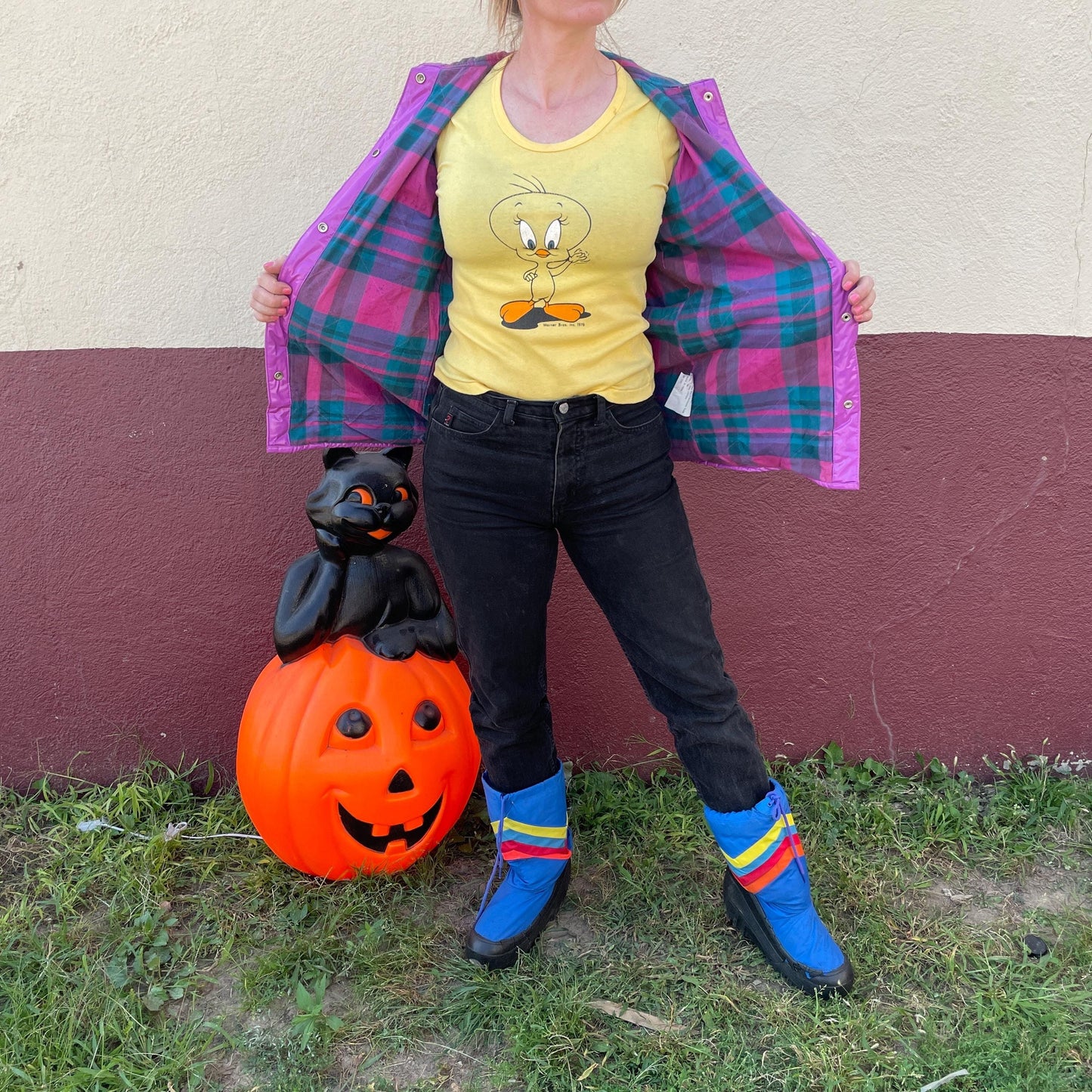 vtg 80s VINYL RAIN JACKET // vintage bright purple hooded autumn stranger things grunge pvc wet look shiny waterproof quilted parka plaid