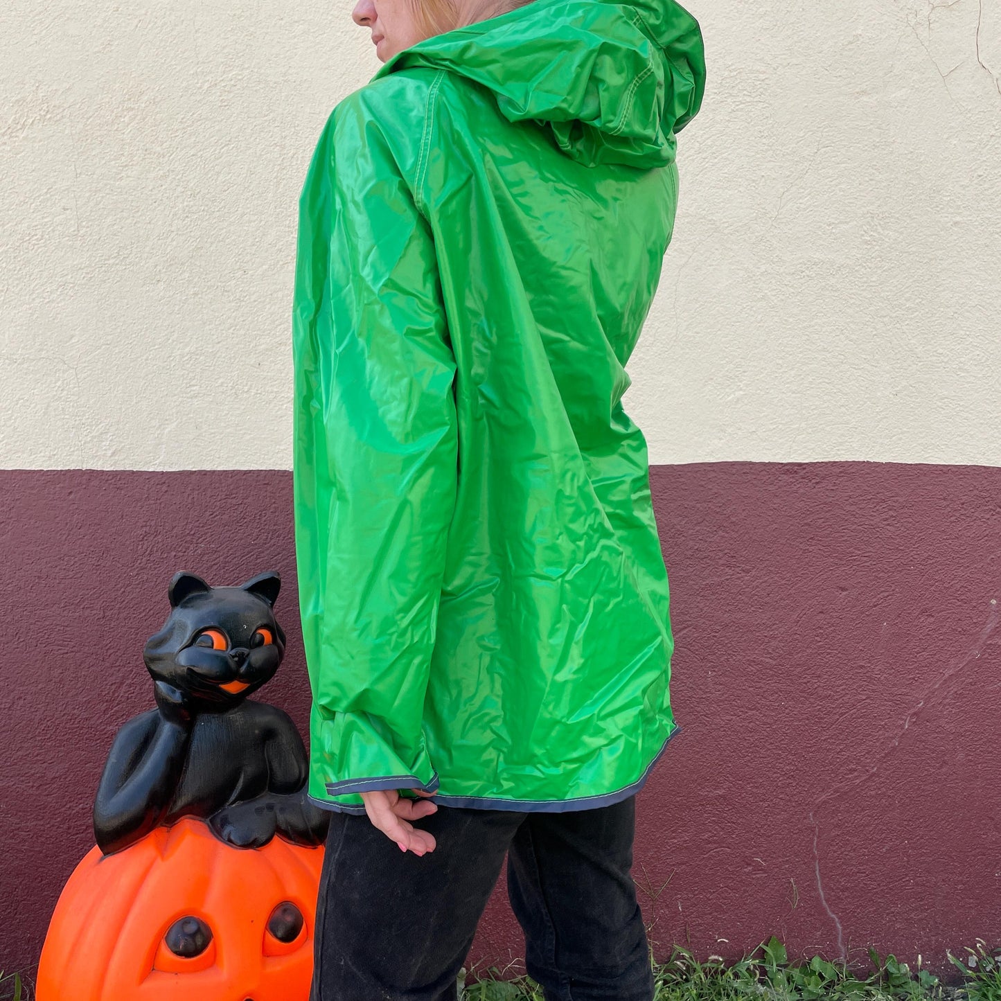 vtg 80s REVERSIBLE RAIN JACKET // vintage vinyl two tone hooded autumn stranger things 90s grunge pvc wet look green lightweight waterproof